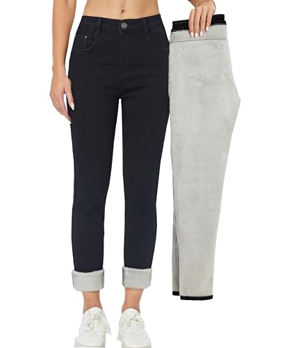 heipeiwa Damen Winter Jeans Fleece Gefüttert Jeans Thermo Dicke Skinny Denim Hose Slim Stretch Warm Jeggings, Blacksolid 102, XX-Large von heipeiwa