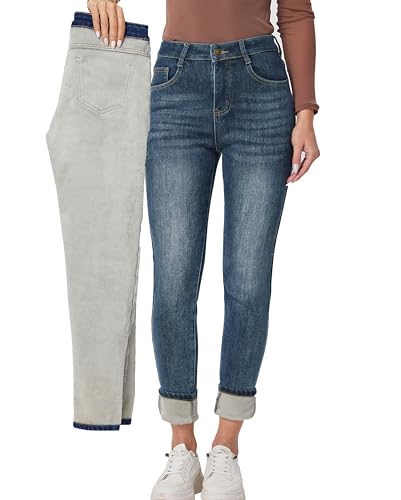 heipeiwa Damen Winter Jeans Fleece Gefüttert Jeans Thermo Dicke Skinny Denim Hose Slim Stretch Warm Jeggings, Blau 017 Vintage, Groß von heipeiwa