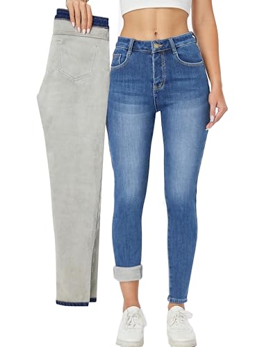 heipeiwa Damen Winter Jeans Fleece Gefüttert Jeans Thermo Dicke Skinny Denim Hose Slim Stretch Warm Jeggings, Blau 017light, XX-Large Kurze Schlauch von heipeiwa