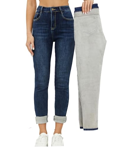 heipeiwa Damen Winter Jeans Fleece Gefüttert Jeans Thermo Dicke Skinny Denim Hose Slim Stretch Warm Jeggings, Blue Classicwash, XX-Large Kurze Schlauch von heipeiwa