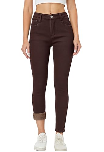 heipeiwa Damen Winter Jeans Fleece Gefüttert Jeans Thermo Dicke Skinny Denim Hose Slim Stretch Warm Jeggings, Braun 01, M von heipeiwa