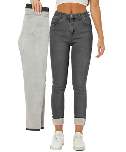 heipeiwa Damen Winter Jeans Fleece Gefüttert Jeans Thermo Dicke Skinny Denim Hose Slim Stretch Warm Jeggings, Grau 08, XX-Large von heipeiwa
