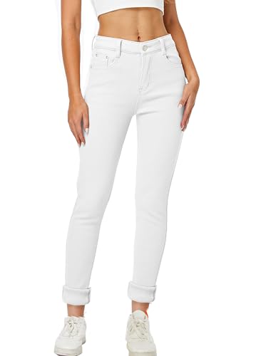 heipeiwa Damen Winter Jeans Fleece Gefüttert Jeans Thermo Dicke Skinny Denim Hose Slim Stretch Warm Jeggings, Weiß 01, Groß von heipeiwa