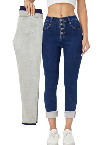 heipeiwa Fleece Gefütterte Jeans Damen Winter Thermojeans Flanell Gefüttert Skinny Denim Jeans 4 Knöpfe, 4 Knöpfe, Dunkelblau, Groß von heipeiwa