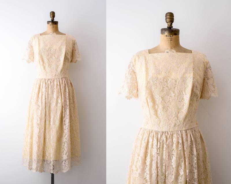 Vintage 50Er Jahre Spitzenkleid. Champagner Kleid. Tellerrock. Blush Und Gelbes L Vintage 50Er Jahre Spitzenkleid. Champagner Kleid. Tellerrock. Blush Und Gelbes L von heirloomen