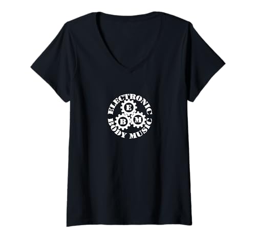 Damen Electronic Body Music EBM Schriftzug mit Zahnrädern T-Shirt mit V-Ausschnitt Damen Electronic Body Music EBM Schriftzug mit Zahnrädern T-Shirt mit V-Ausschnitt von heizfrosch