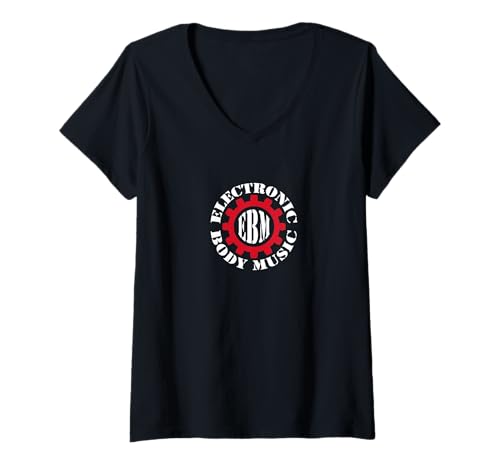 Damen Electronic Body Music EBM Schriftzug mit rotem Zahnrad T-Shirt mit V-Ausschnitt Damen Electronic Body Music EBM Schriftzug mit rotem Zahnrad T-Shirt mit V-Ausschnitt von heizfrosch