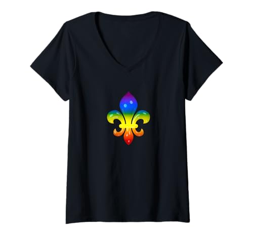Damen Fleur de LYS Symbol in Regenbogen-Farben T-Shirt mit V-Ausschnitt Damen Fleur de LYS Symbol in Regenbogen-Farben T-Shirt mit V-Ausschnitt von heizfrosch