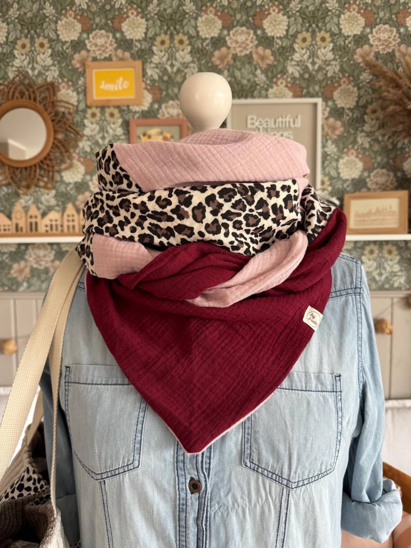 Hanna Musselintuch Xl Colorblocking Altrosa/Leo/Bordeaux // Damen Schal Tuch Halstuch Dreieckstuch Stilltuch Musselin Beere von hejfrieda