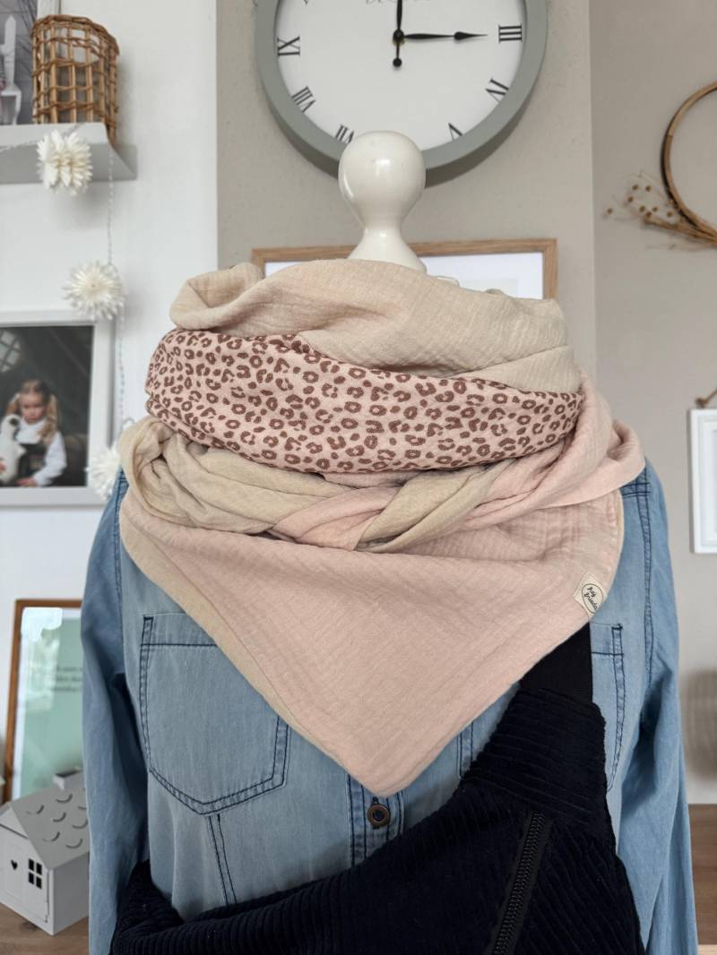 Hanna Musselintuch Xl Colorblocking Beige/Leo/Blush// Damen Schal Tuch Halstuch Dreieckstuch Stilltuch Musselin von hejfrieda
