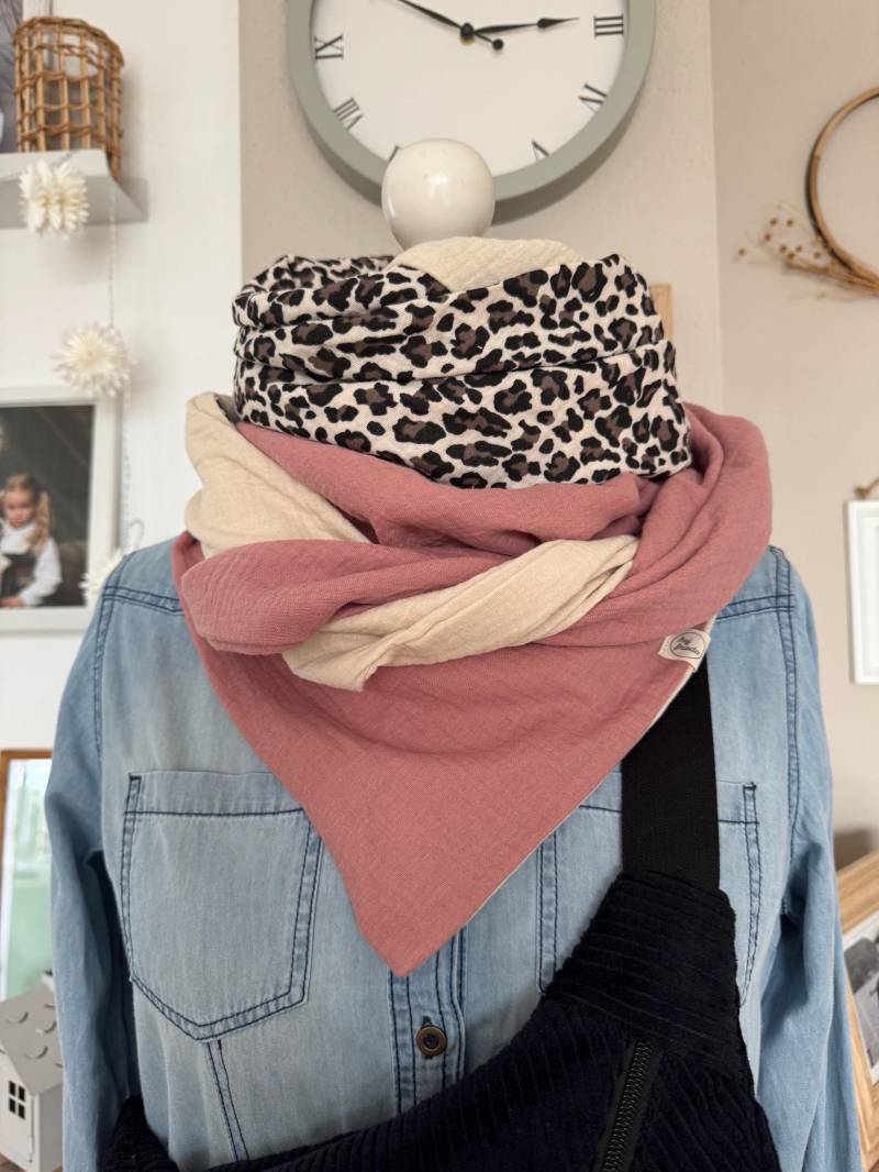 Hanna Musselintuch Xl Colorblocking Beige/Leo/Rosa// Damen Schal Tuch Halstuch Dreieckstuch Stilltuch Musselin von hejfrieda