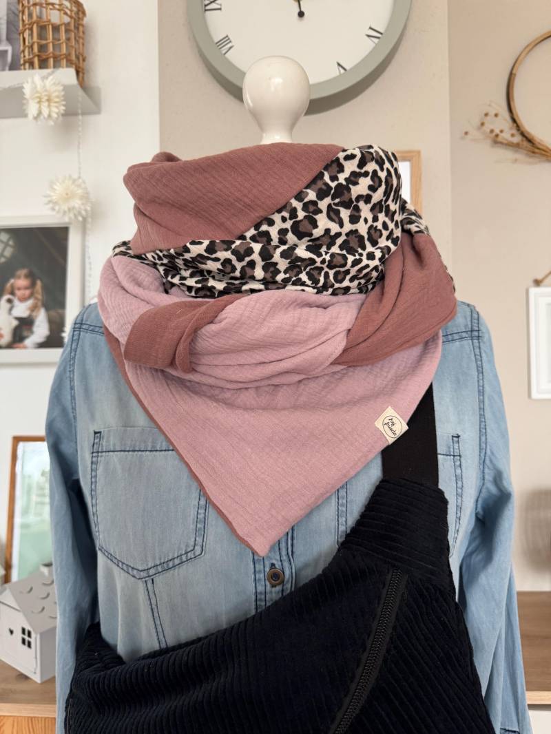 Hanna Musselintuch Xl Colorblocking Hellrosa/Leo/Rosenholz // Damen Schal Tuch Halstuch Dreieckstuch Stilltuch Musselin von hejfrieda