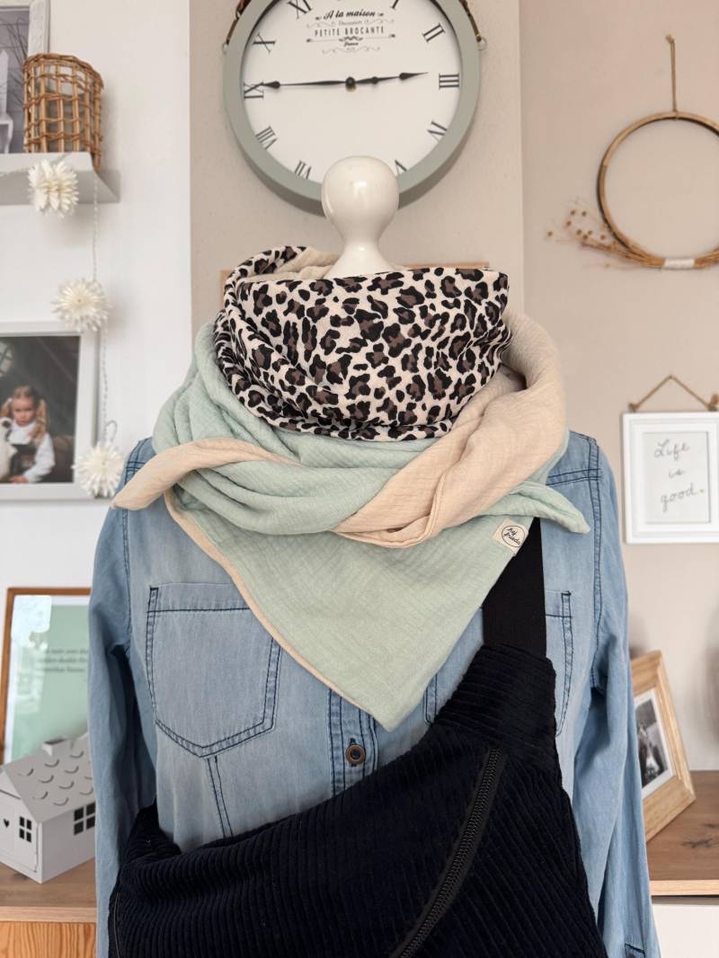 Hanna Musselintuch Xl Colorblocking Mint/Leo/Beige// Damen Schal Tuch Halstuch Dreieckstuch Stilltuch Musselin von hejfrieda