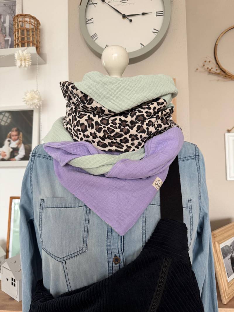 Hanna Musselintuch Xl Colorblocking Mint/Leo/Flieder// Damen Schal Tuch Halstuch Dreieckstuch Stilltuch Musselin von hejfrieda