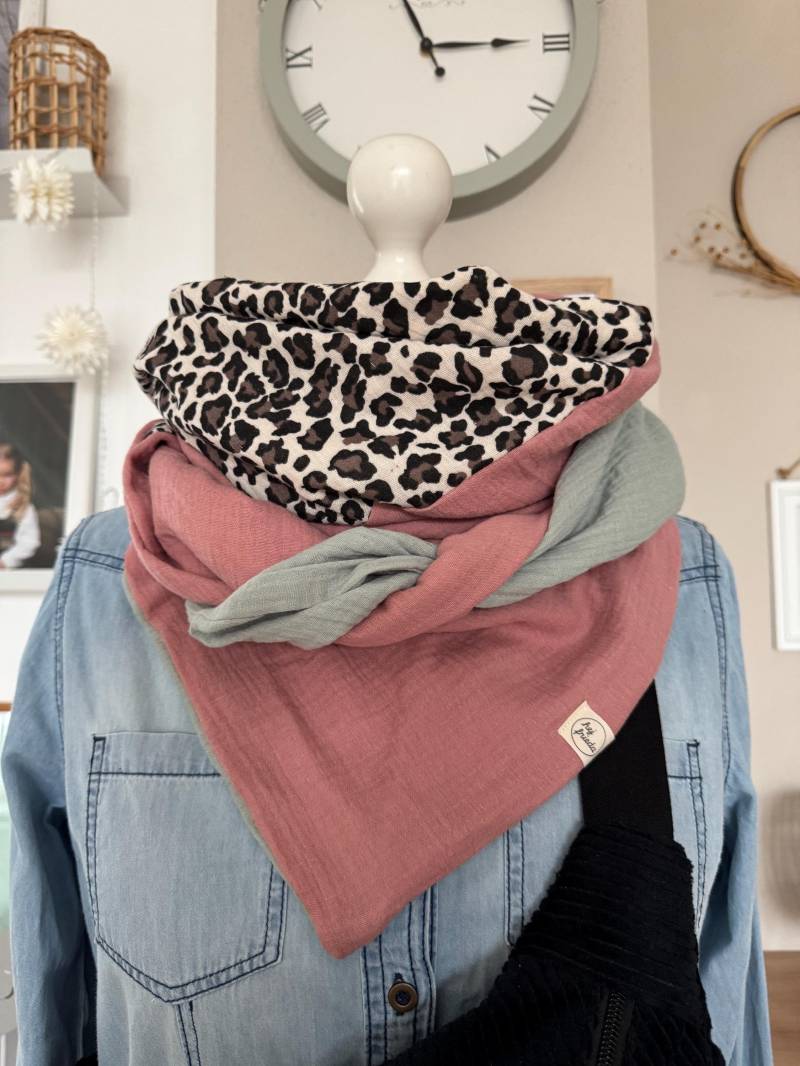Hanna Musselintuch Xl Colorblocking Rosa/Leo/Altmint // Damen Schal Tuch Halstuch Viereckstuch Stilltuch Musselin von hejfrieda