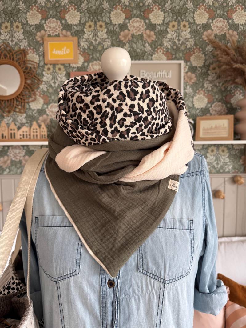 Hanna Musselintuch Xl Colorblocking Schilf/Leo/Creme// Damen Schal Tuch Halstuch Dreieckstuch Stilltuch Musselin Ecru Beige Grün Oliv von hejfrieda