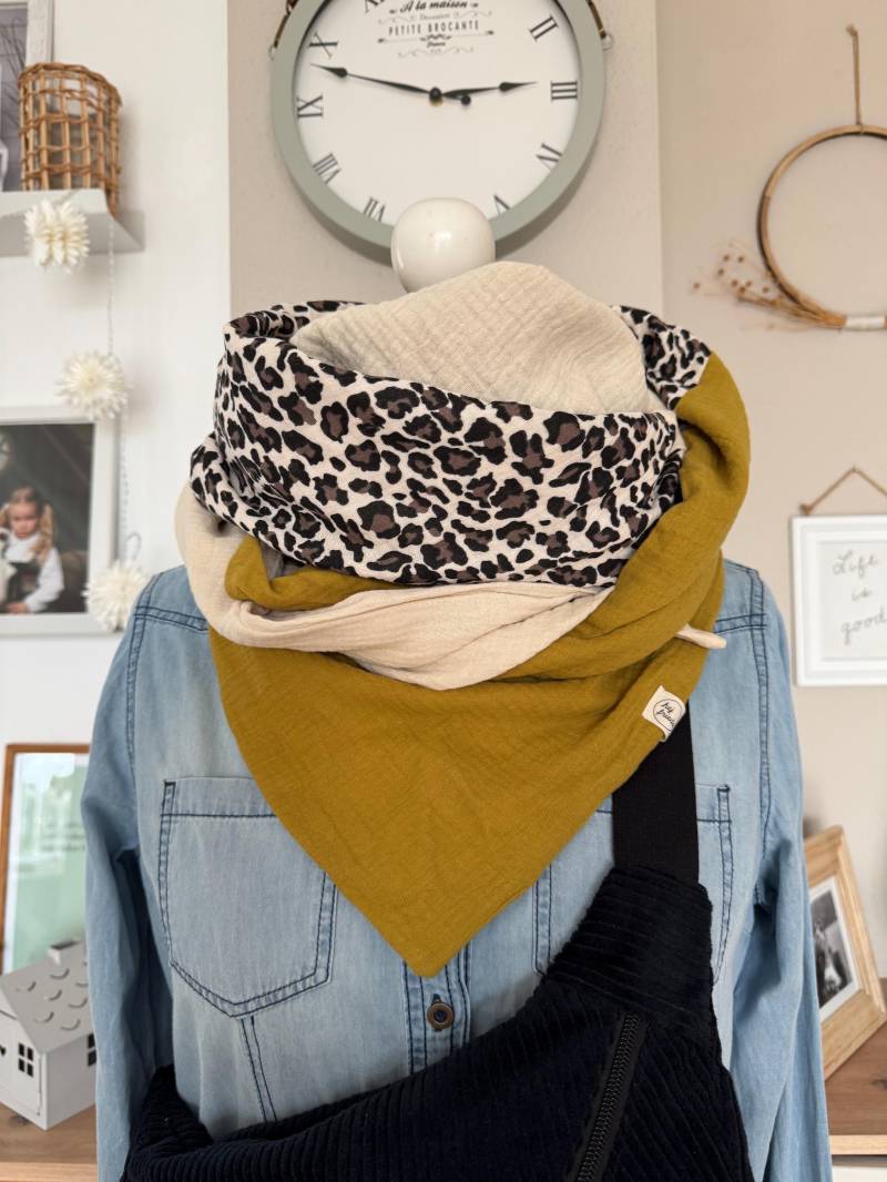 Hanna Musselintuch Xl Colorblocking Senf/Leo/Beige// Damen Schal Tuch Halstuch Dreieckstuch Stilltuch Musselin von hejfrieda