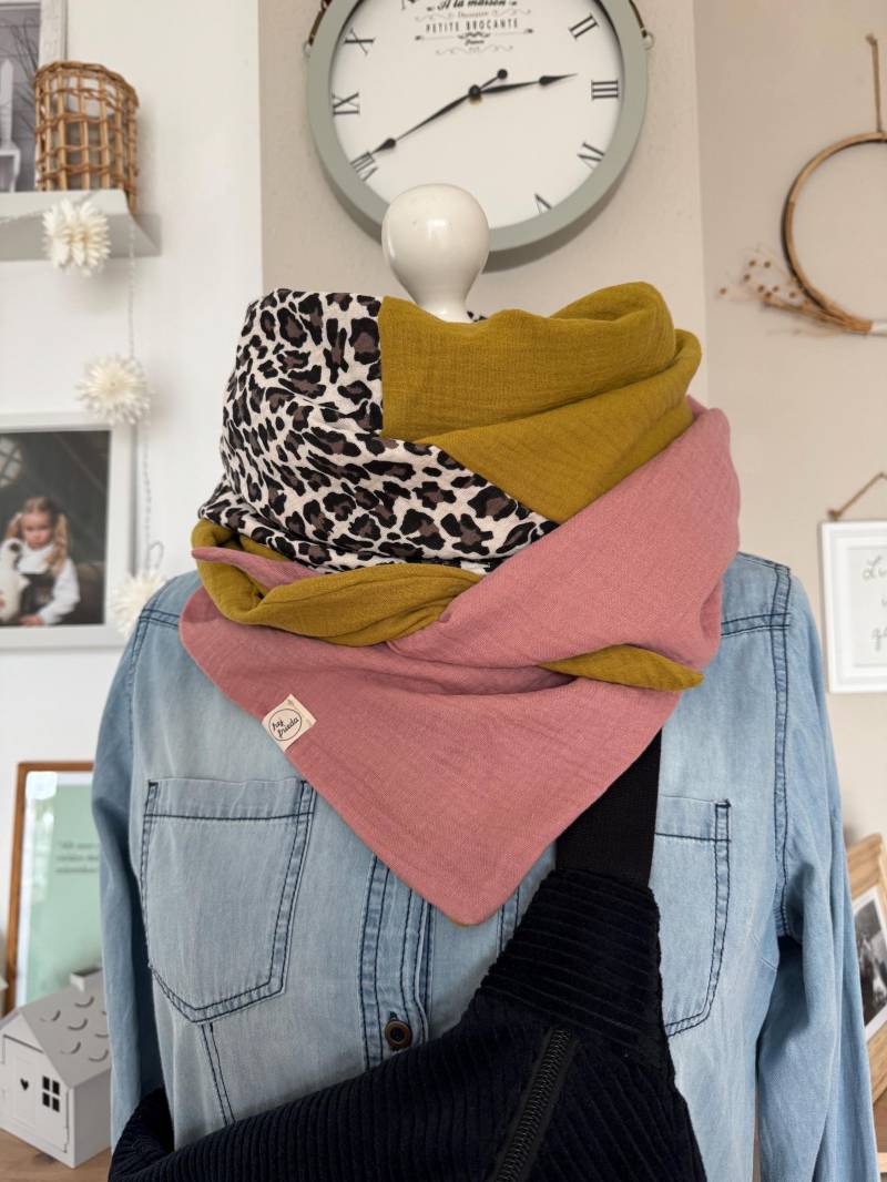 Hanna Musselintuch Xl Colorblocking Senf/Leo/Rosa// Damen Schal Tuch Halstuch Dreieckstuch Stilltuch Musselin von hejfrieda