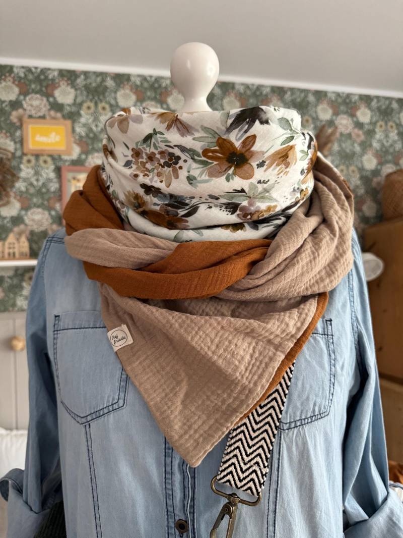 Hanna Musselintuch Xl Colorblocking Zimt/Blumen/Beige// Damen Schal Tuch Halstuch Dreieckstuch Stilltuch Musselin Pastell Braun Rost von hejfrieda
