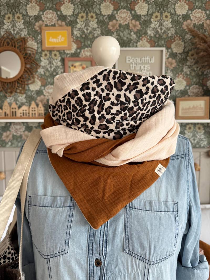 Hanna Musselintuch Xl Colorblocking Zimt/Leo/Creme// Damen Schal Tuch Halstuch Dreieckstuch Stilltuch Musselin Ecru Beige Braun von hejfrieda