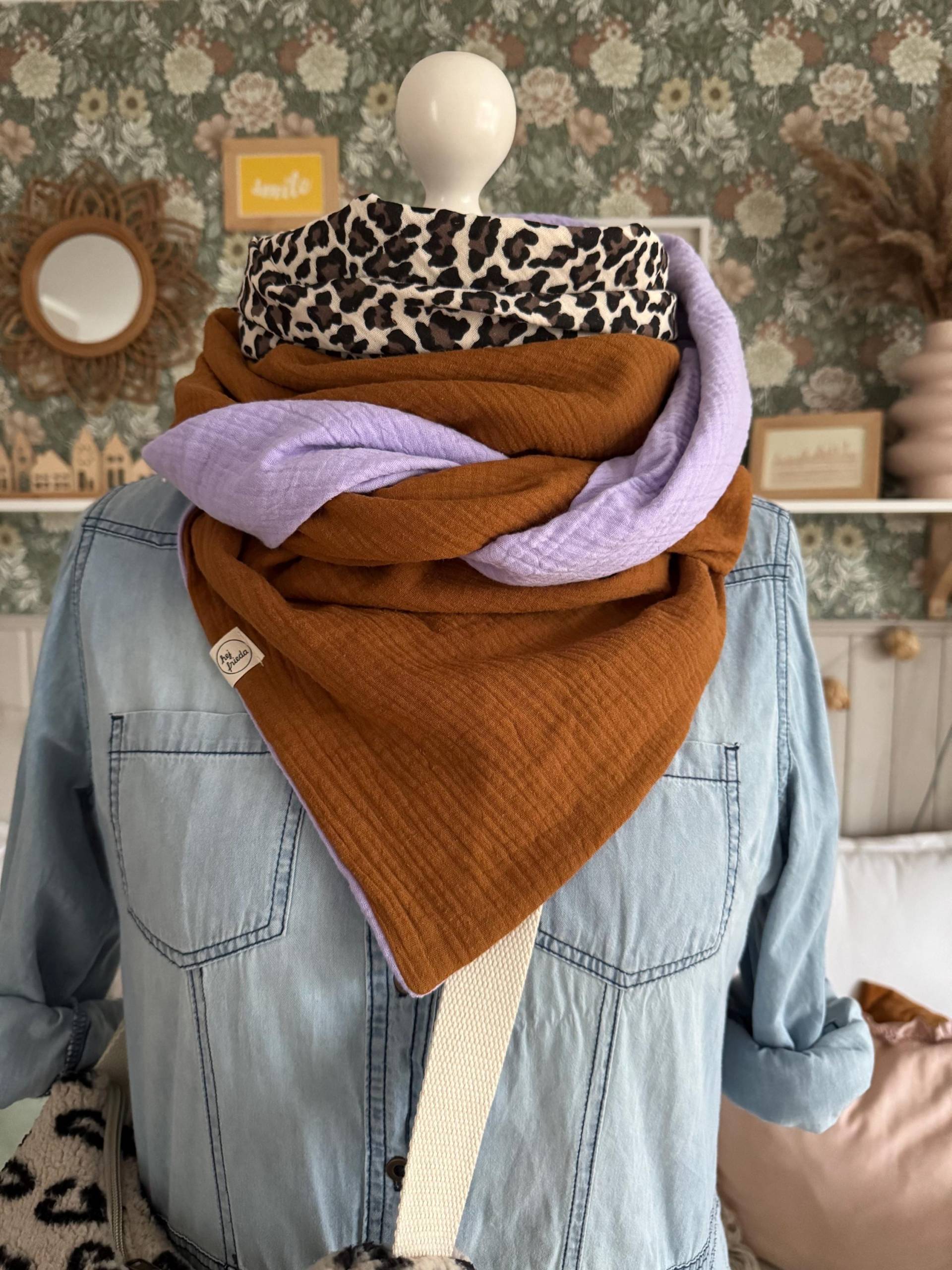 Hanna Musselintuch Xl Colorblocking Zimt/Leo/Flieder// Damen Schal Tuch Halstuch Dreieckstuch Stilltuch Musselin Lila Braun von hejfrieda