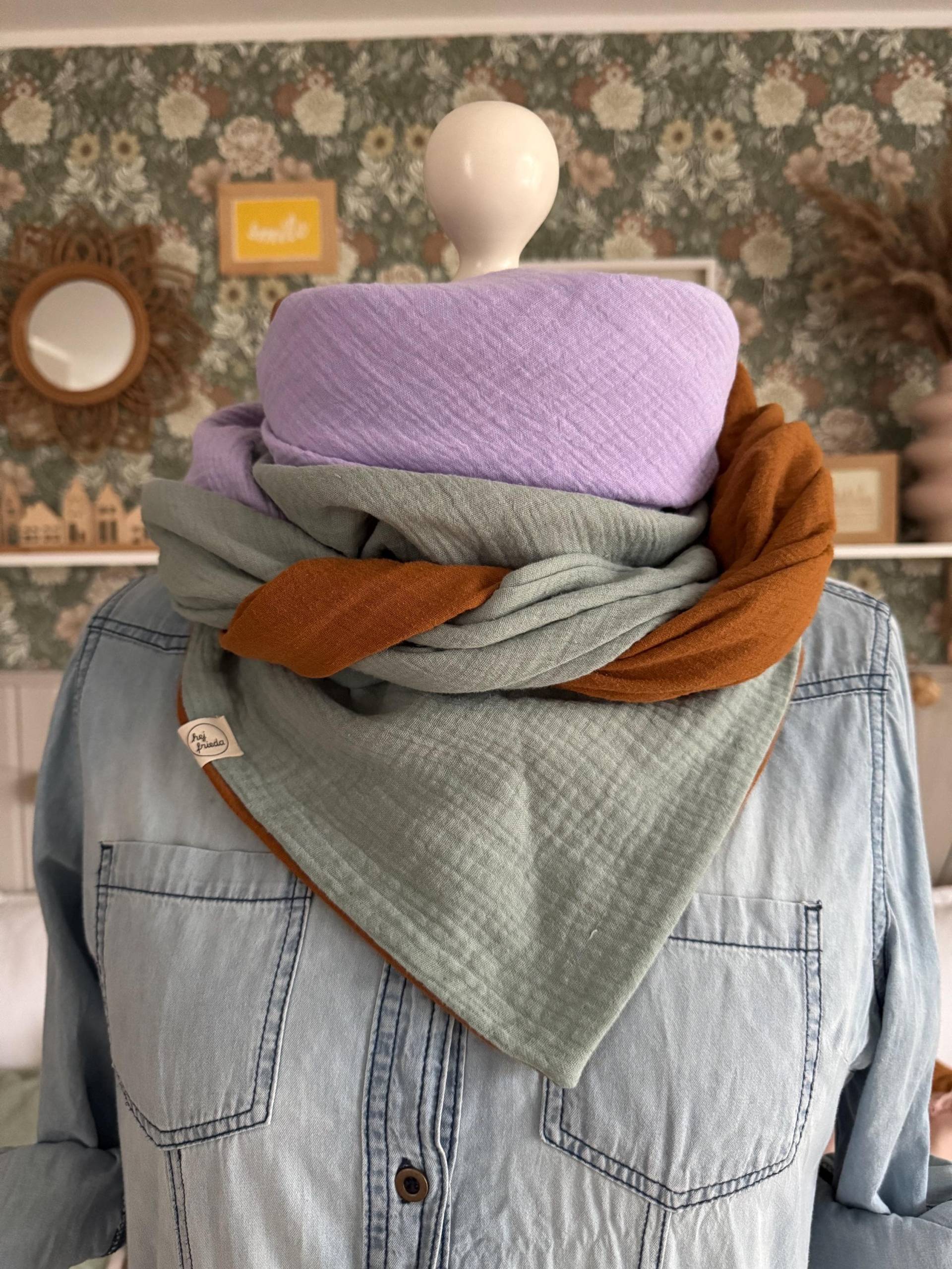 Hanna Musselintuch Xl Colorblocking Zimt/Salbei/Flieder// Damen Schal Tuch Halstuch Dreieckstuch Stilltuch Musselin Lila Braun Grün von hejfrieda
