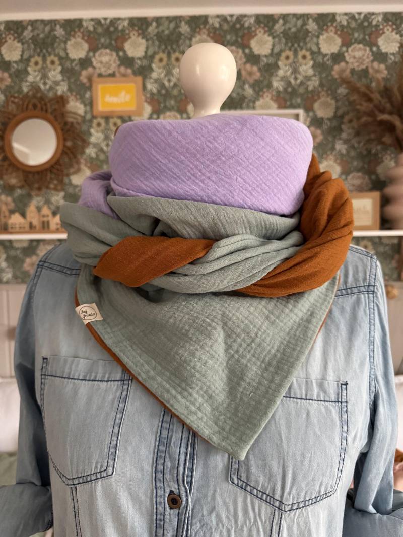 Hanna Musselintuch Xl Colorblocking Zimt/Salbei/Flieder// Damen Schal Tuch Halstuch Dreieckstuch Stilltuch Musselin Lila Braun Grün von hejfrieda