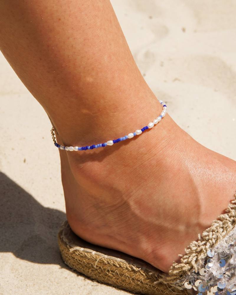 Perlenfußkette Boho Blau, Blaue Perlenfußkettchen, Fußkettchen Mit Süßwasserperlen - Azula von hejgreta