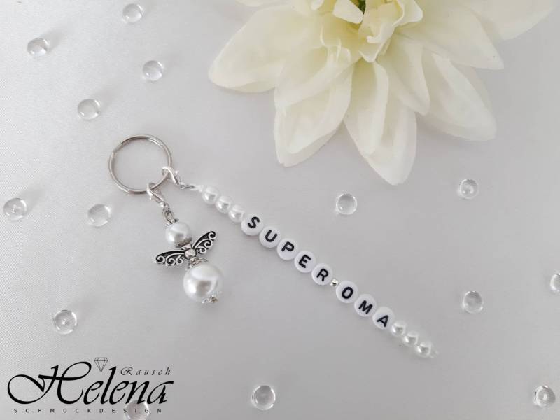 Personalisierter Schlüsselanhänger Mit Schutzengel - Perlen Wunschtext 1 Zeile Geburtstag Kommunion Taufe Weihnachten Nikolaus von helenarauschdesign