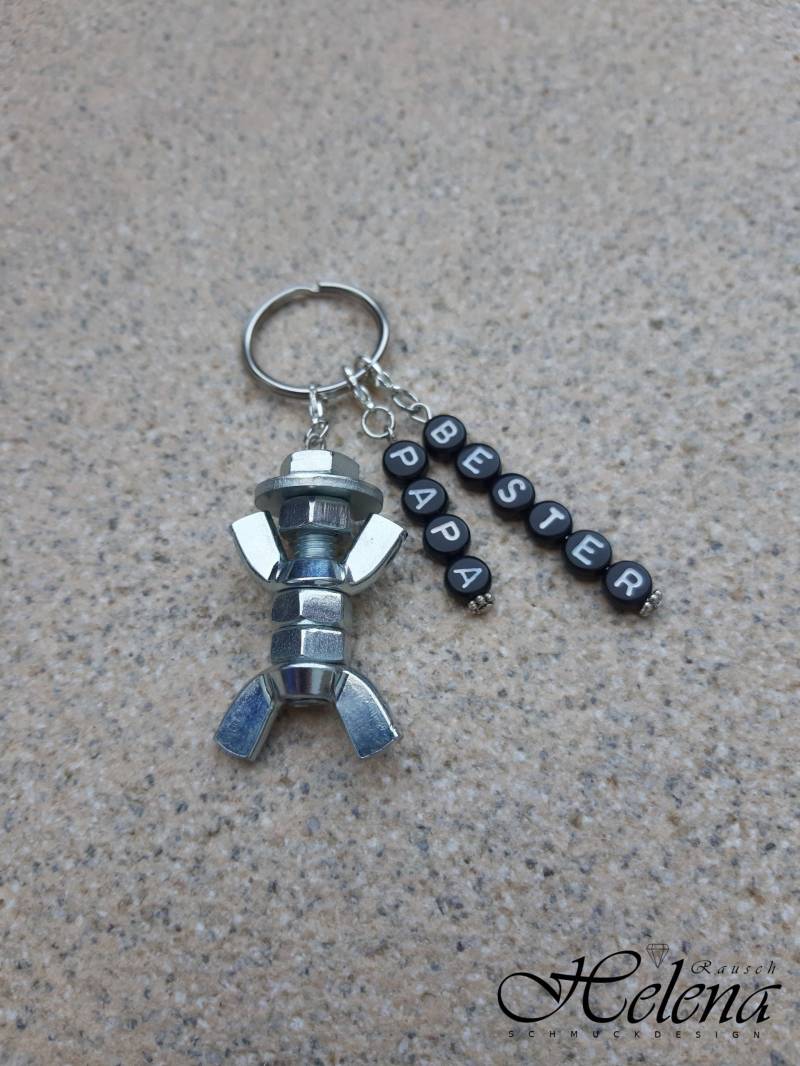 Personalisierter Schlüsselanhänger Schraubenmännchen Galv. Verzinkt - Text Schwarz 2 Zeilen Bester Papa Geburtstag Weihnachten von helenarauschdesign