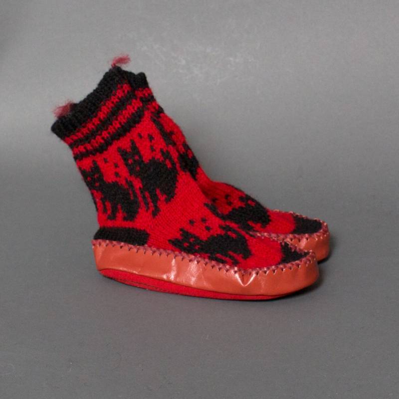 Hausschuhe Baby Kind Katze Rot Wolle Handgemacht Eco Freundliche Socke Lederschuhe Skandinavisch von helgihandicraft