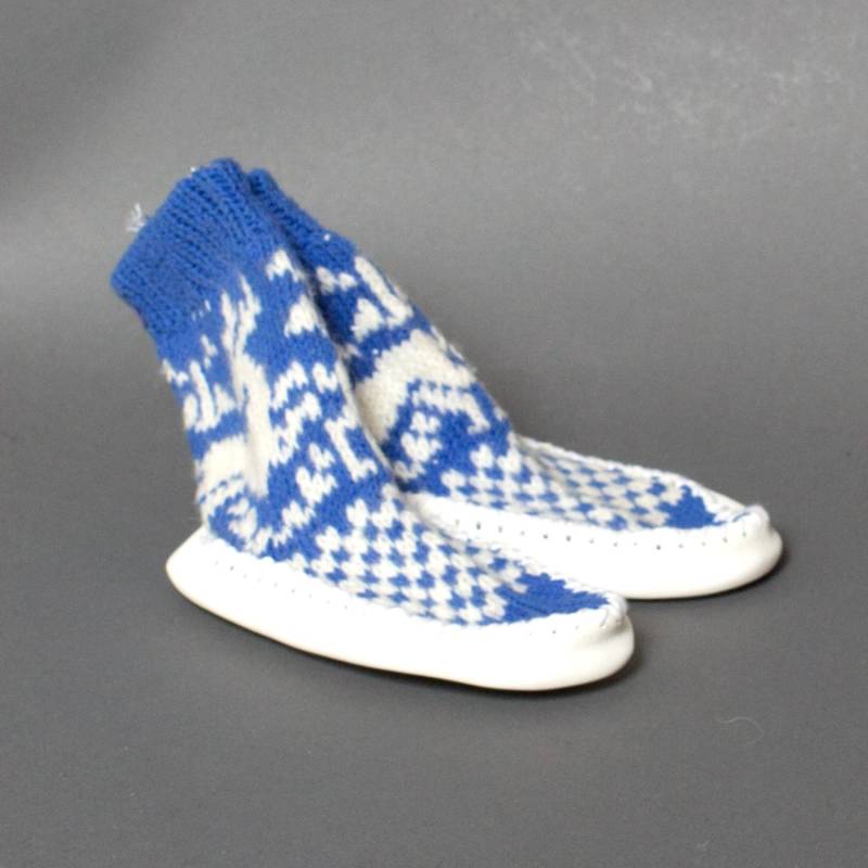 Hausschuhe Baby Kind Rentier Wolle Handgemacht Blau Weiß Eco Freundliche Socke Lederschuhe Skandinavisch von helgihandicraft