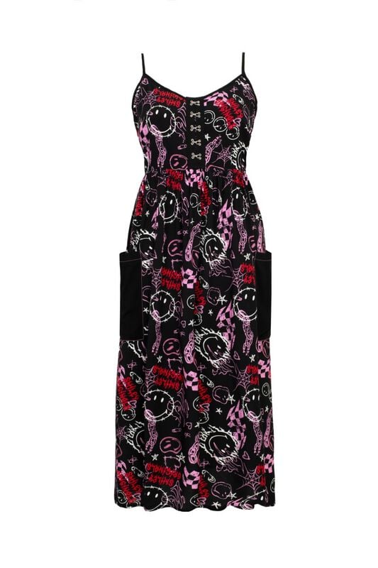 Hell Bunny Kleid lang - Hell Bunny x Smiley Originals Riot Dress - XS bis L - für Damen - Größe L - multicolor von hell bunny