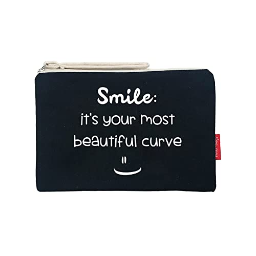 Hello-Bags. Make-up-Tasche/Wristlet-Handtasche. Außen: 100% Baumwolle. Inklusive Reißverschluss und Futter. Verpackt in einem Kraft Geschenkumschlag. „Smile“. Farbe: Ekrü/Schwarz. 23 * 15,5 cm. von hello-bags