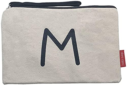 Hello-Bags. Make-up-Tasche / Wristlet-Handtasche. Außen: 100 % Baumwolle. Inklusive Reißverschluss und Futter. Verpackt in einem KRAFT Geschenkumschlag. „M“. Farbe: Ecru / Schwarz. 23*15,5 cm. von hello-bags