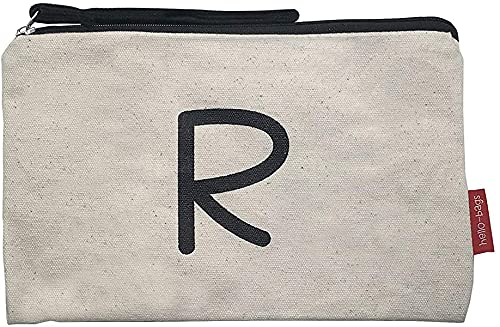 Hello-Bags. Make-up-Tasche / Wristlet-Handtasche. Außen: 100 % Baumwolle. Inklusive Reißverschluss und Futter. Verpackt in einem KRAFT Geschenkumschlag. „R“. Farbe: Ecru / Schwarz. 23*15,5 cm. von hello-bags