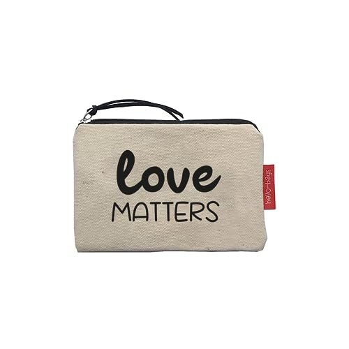 hello-bags. Geldbörse/kleine Tasche mit Reißverschluss, Futter und Innentasche. Außen: 100% Baumwolle. Inklusive Geschenkumschlag. Modell: „LOVEMATT“. Farbe: Ecru/Schwarz. Maße: 14x10 cm. von hello-bags