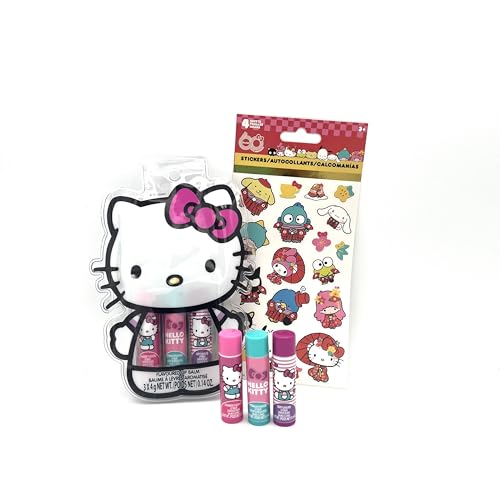 Hello Kitty Moisturizing Lip Balm 3-Pack Bundle with 4 Sheets Stickers, Travel Size Lip Balm for Kids. Flavors: Strawberry, Watermellon and Berry! Comes with a carrying case! von hello kitty