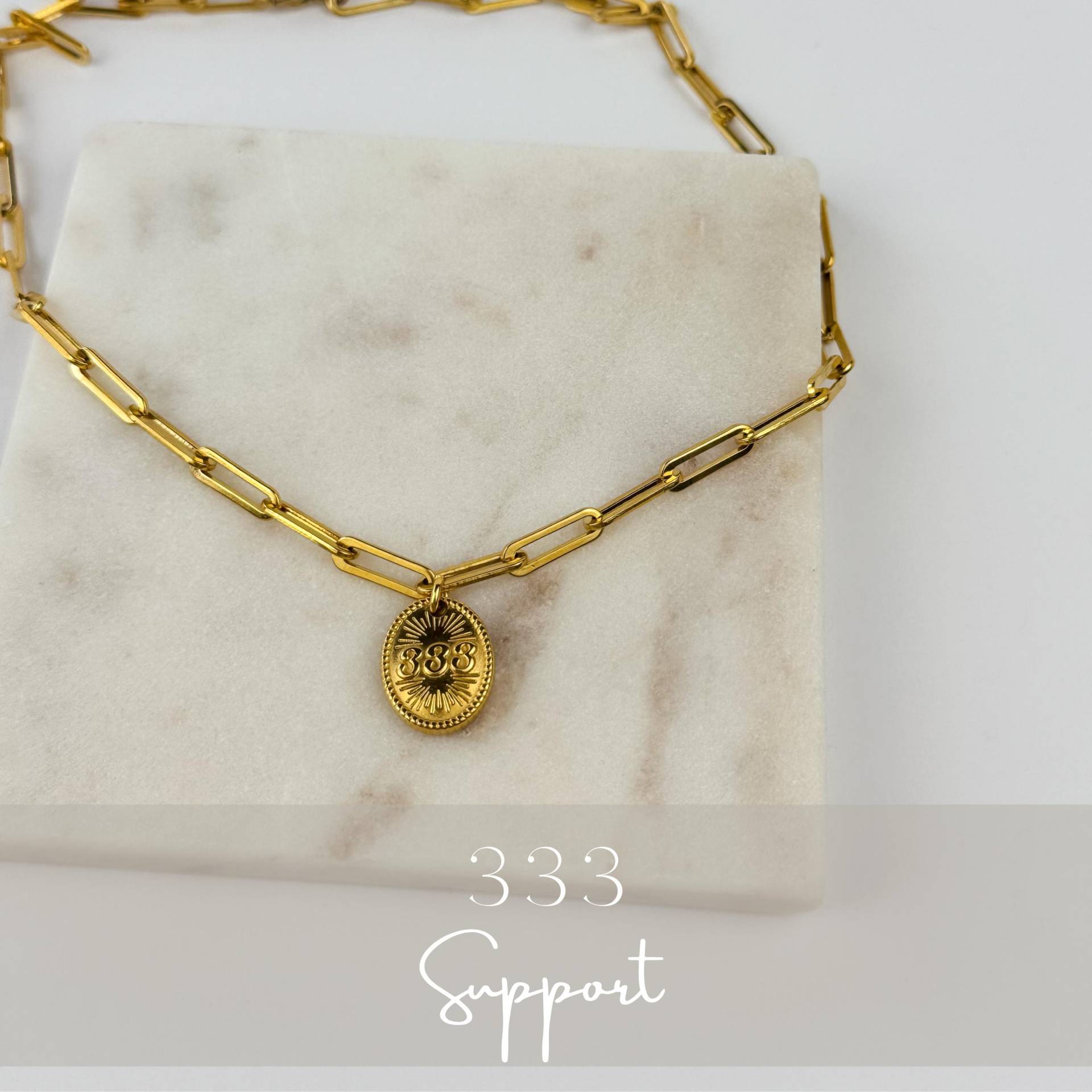 333 Support - Edelstahlkette Mit Engelzahl-Anhänger | Spiritueller Schmuck in Gold Handgemacht 333 Support - Edelstahlkette Mit Engelzahl-Anhänger | Spiritueller Schmuck in Gold Handgemacht von helloatmomos