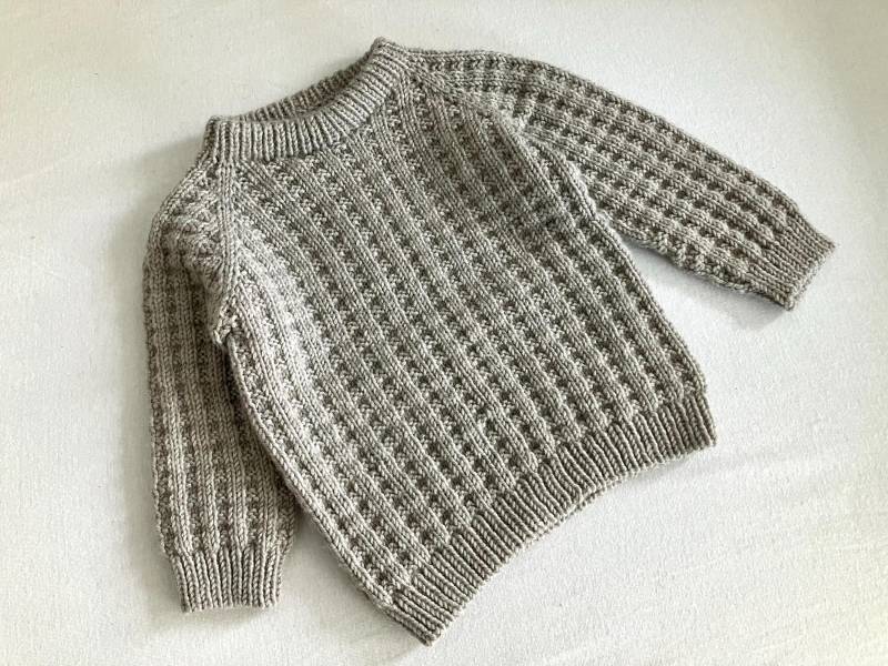 Merino Wolle Pullover 1-2 Jahre Norweger Struktur Textur Waffel Piquee Grobstrick Kleinkind Grau Greige 74/86/92 von hellohandknit