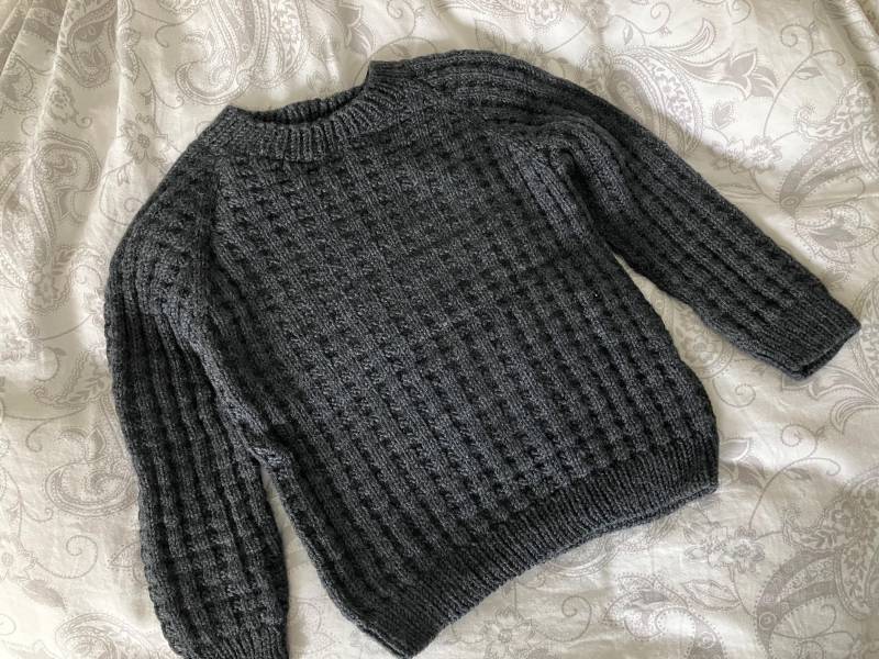 Merino Wolle Pullover 2-3 Jahre Norweger Struktur Textur Waffel Piquee Grobstrick Kleinkind Grau Anthrazit Meliert 86/92/98 von hellohandknit