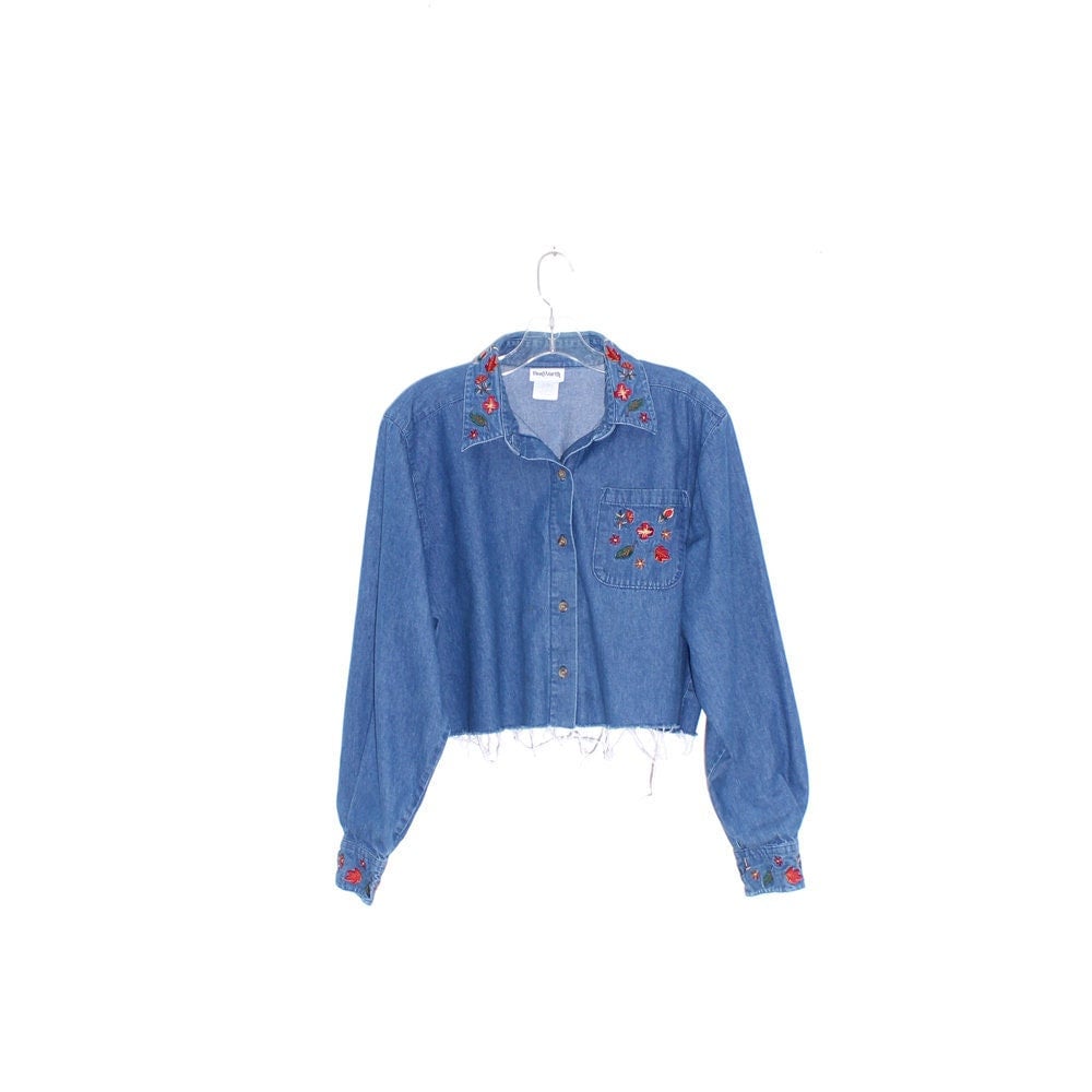 90Er Besticktes Leaf Denim Shirt Geschnitten Knopf Unten Damen Kleidung Herbst Winter Crop Top Jeansjacke Cottage Core Festival Bluse von hellotommyshop