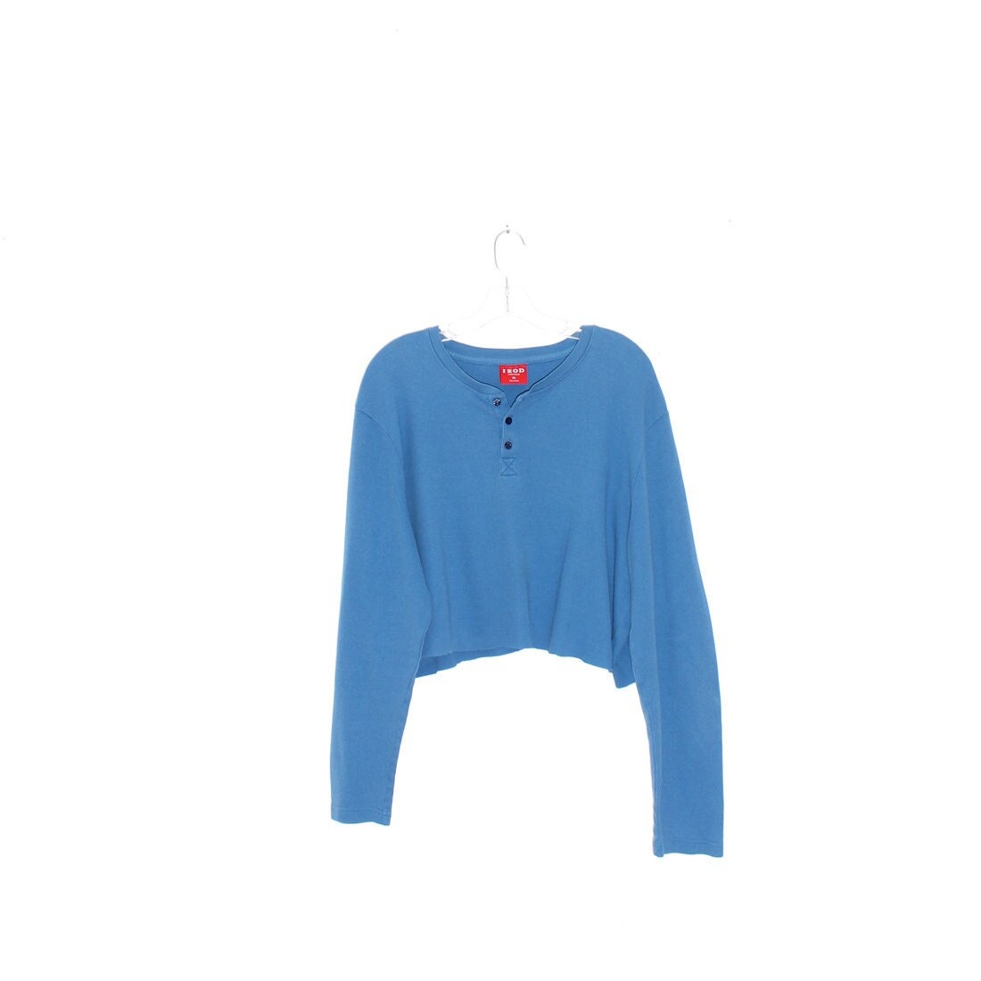 90Er Izod Shirt Blue Thermal Crop Top Oversized Boyfriend Cute Button Down Henley Collar Extra Long Sleeves Schmeicheln Cropped Fit von hellotommyshop