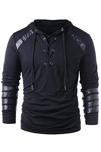 Helymore Herren Kordelzug-Kapuzenpullover Steampunk, Gothic Sweatshirt, Langarm, für Ritter Medieval, Bandage aus Leder, Schwarz Gr. X-Large, Schwarz von helymore