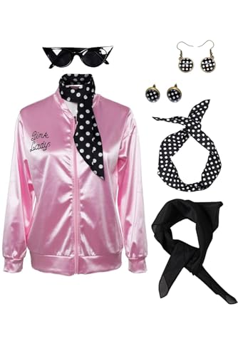 helymore 50er Jahre Ladies Pink Satin Jacke Halloween Karneval Cosplay Kostüm Rosa Jacke mit Halstuch Faschingskostüm, L von helymore