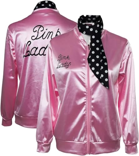 helymore 50er Jahre Ladies Pink Satin Jacke Halloween Karneval Cosplay Kostüm Rosa Jacke mit Halstuch Faschingskostüm, M von helymore