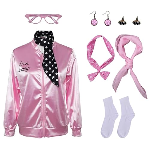 helymore 50er Jahre Ladies Pink Satin Jacke Halloween Karneval Cosplay Kostüm Rosa Jacke mit Halstuch Faschingskostüm, XXL von helymore