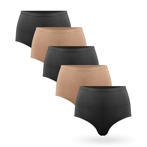 Damen Basic Taillenslip schwarz/beige 5er Pack. 100% Baumwolle Hohe Taille (40-58) Hüftslip hoher Panty Mehrpack Maxislip (40-42) von hemmy