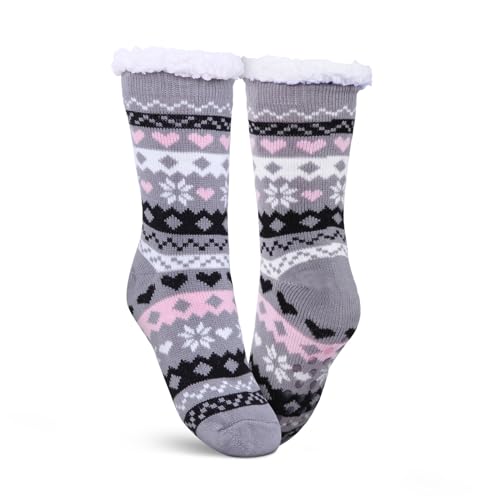 hemmy Haussocken - Stoppersocken mit Teddyfutter - Hüttensocken mit Anti-Rutsch-Sohle - ABS Norweger Socken Zopfmuster - Kuschelsocken Einheitsgröße (Grau (Herz)) von hemmy
