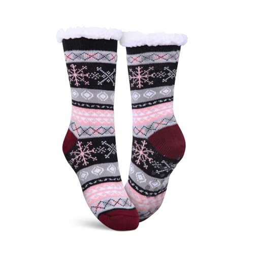 hemmy Haussocken - Stoppersocken mit Teddyfutter - Hüttensocken mit Anti-Rutsch-Sohle - ABS Norweger Socken Zopfmuster - Kuschelsocken Einheitsgröße (Schwarz/Rot (Schneeflocke)) von hemmy